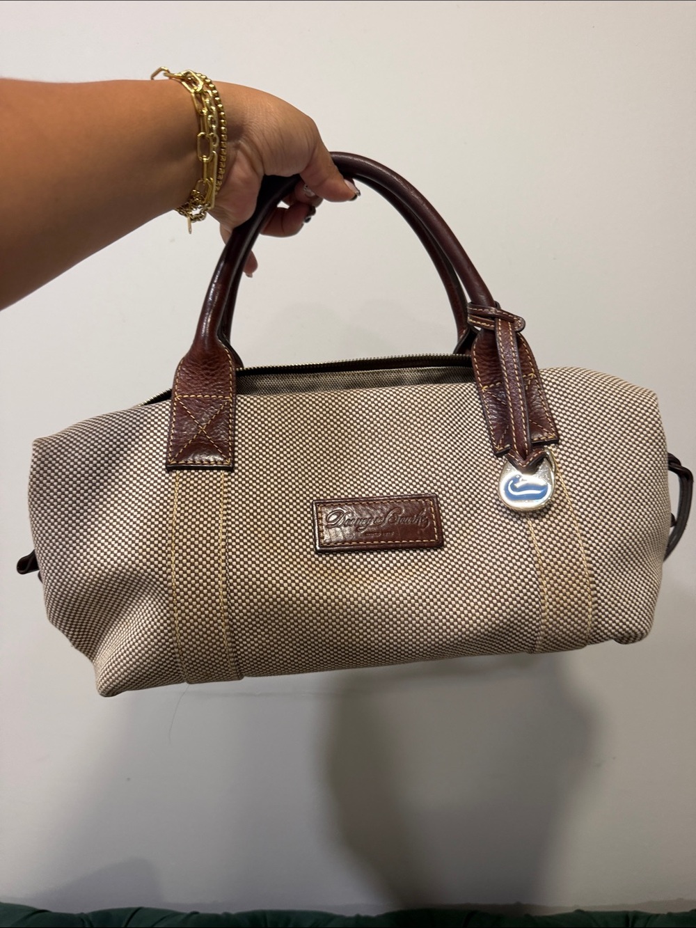 Dooney & Bourke Beige/Tan Canvas Satchel with Brown Leather Trim